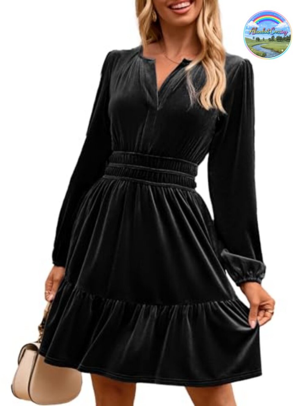 Women's Velvet Mini Dress V-Neck Empire Waist Long Sleeve Pockets Cocktail Party
